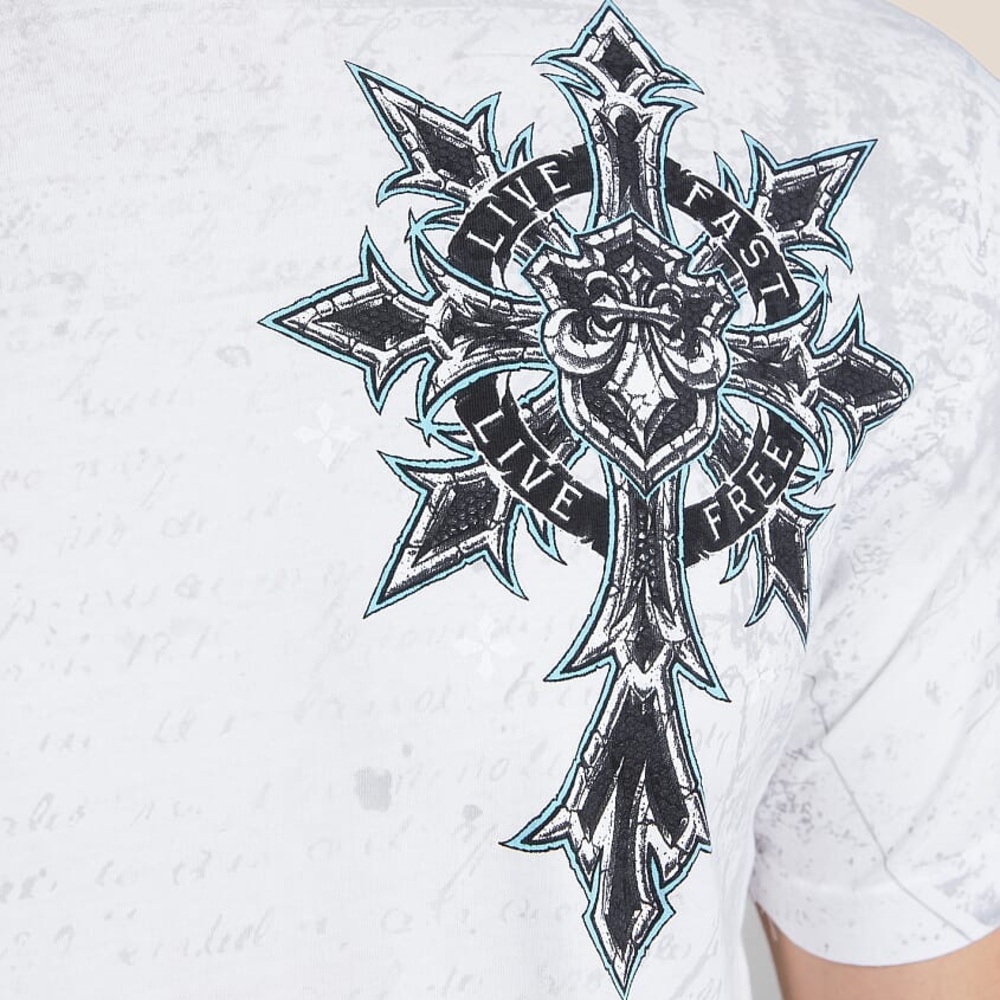 Affliction Men’s Medium Short Sleeve T-Shirt Blue Cross & Angel Wings Graphic - Picture 8 of 9